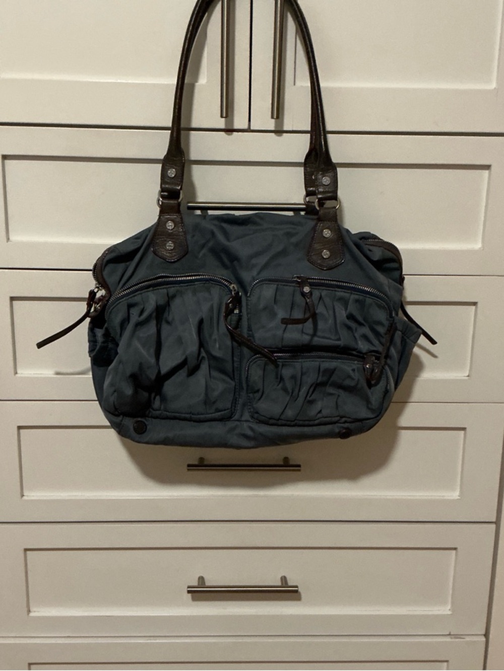 MZ Wallace Slate Blue Nylon Tote with Gray Leather Handles